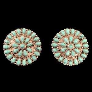 Western Cluster Work Concho Style Earrings - Silver Tone with Turquoise Accents